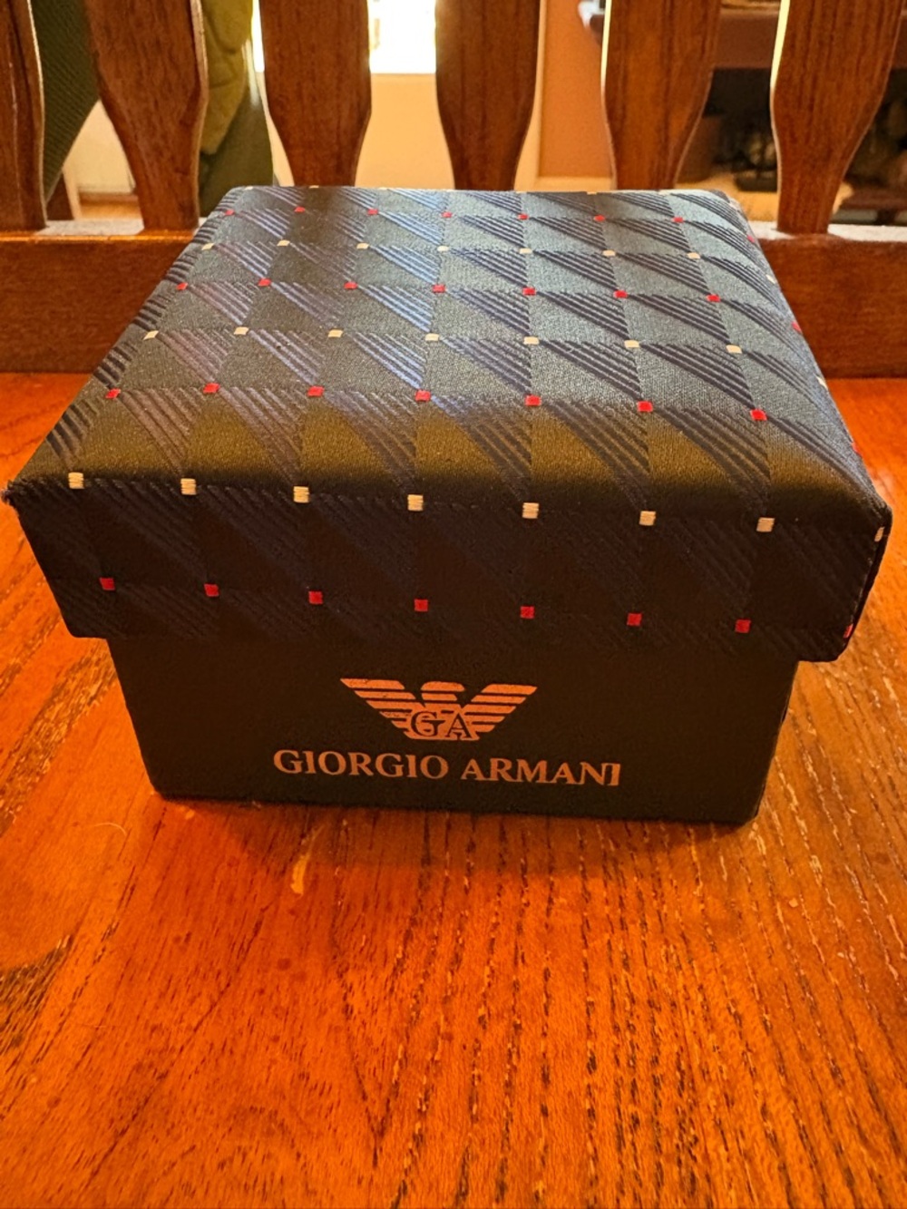 Giorgio Armani Tie Cufflinks Pocket Square Set Silk Mens Gift Box Blue Geometric - Picture 7 of 8